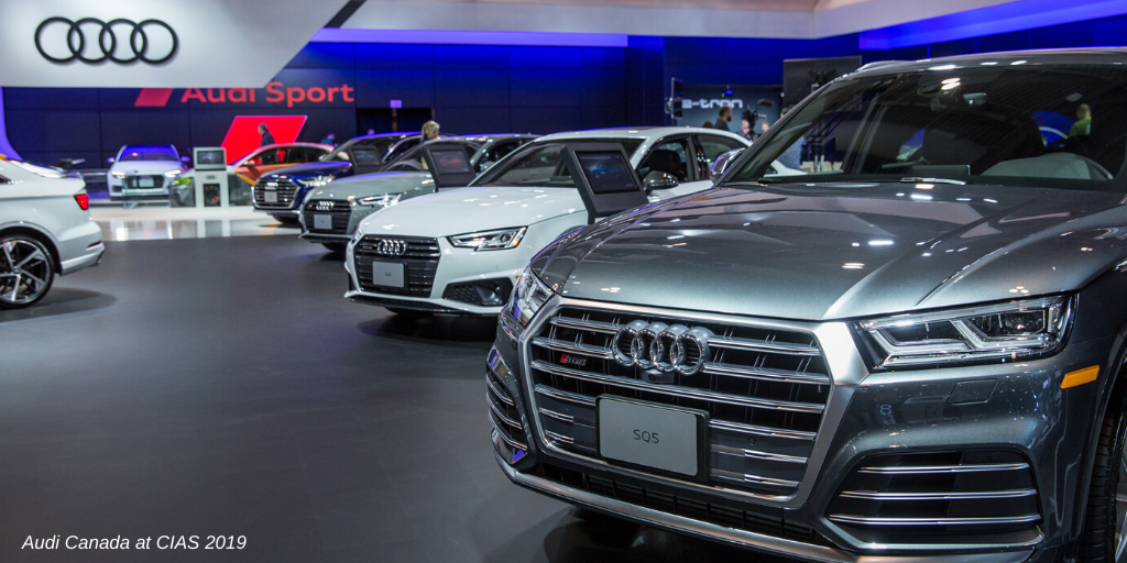 Audi Canada's booth at the 2019 AutoShow, with an SQ5 in the foreground.